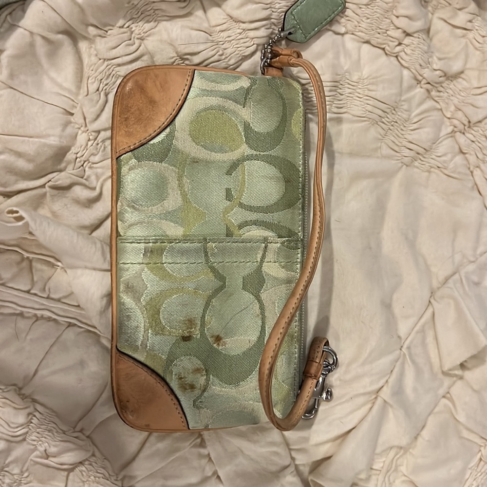 Coach light green canvas with tan leather trim wristlet - Picture 2 of 3